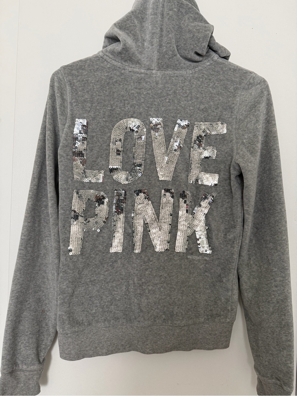 VICTORIA SECRET LOVE PINK Sequin Logo Gray Hoodie